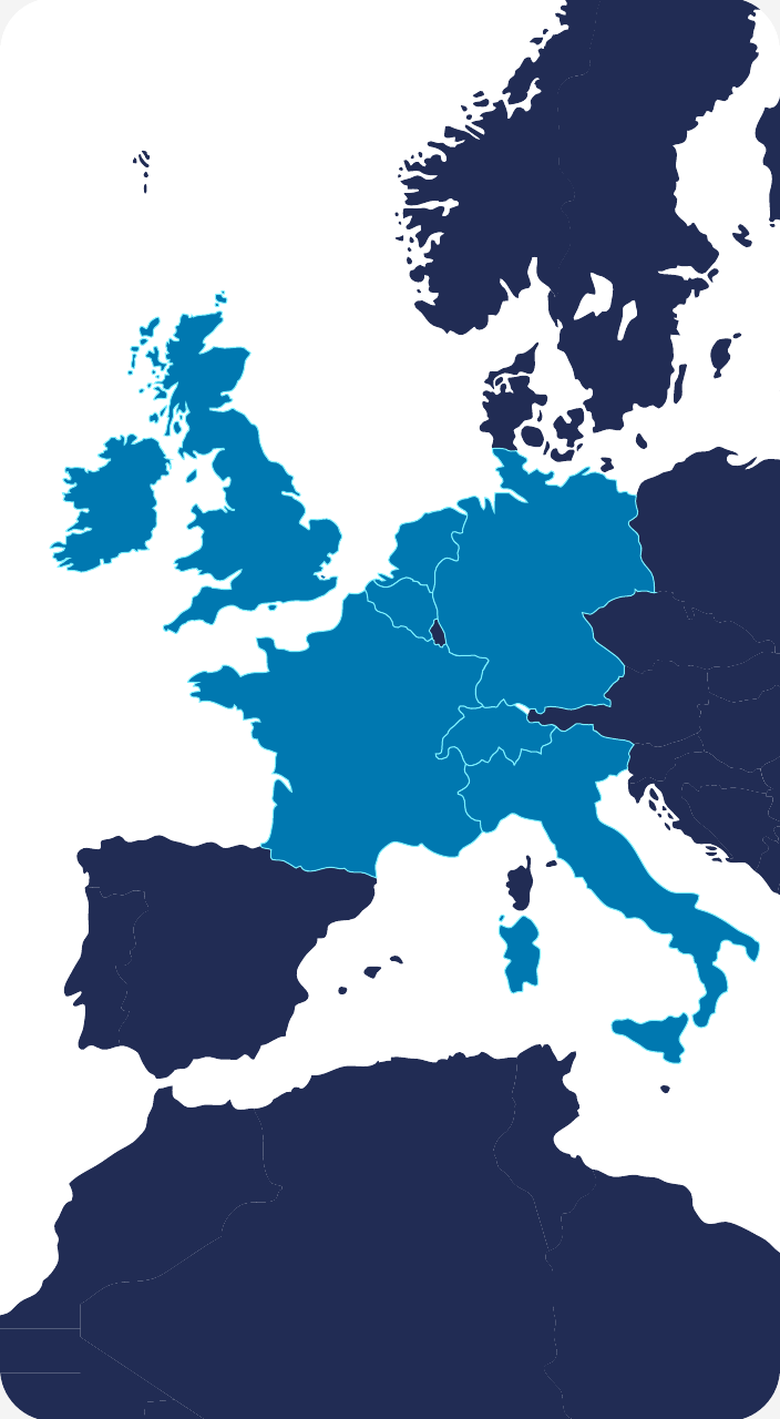 Map of Europe with the UK, Ireland, Belgium, the Netherlands, France, Germany, Switzerland and Italy highlighted